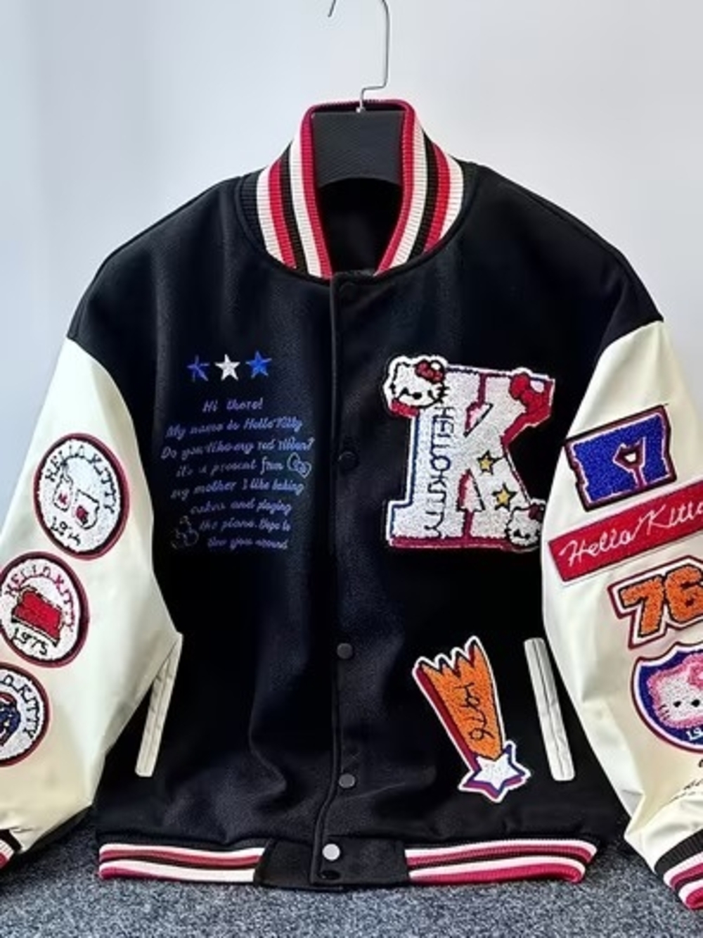 Hello Kitty Black and Cream Patchwork Varsity Jacket - Picture 1 of 2